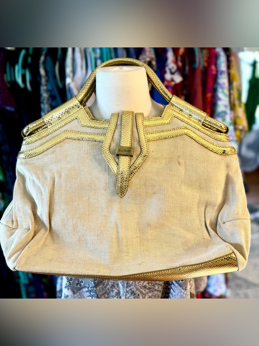 BOTKIER Linen and Metallic Gold Snakeskin Tote Bag